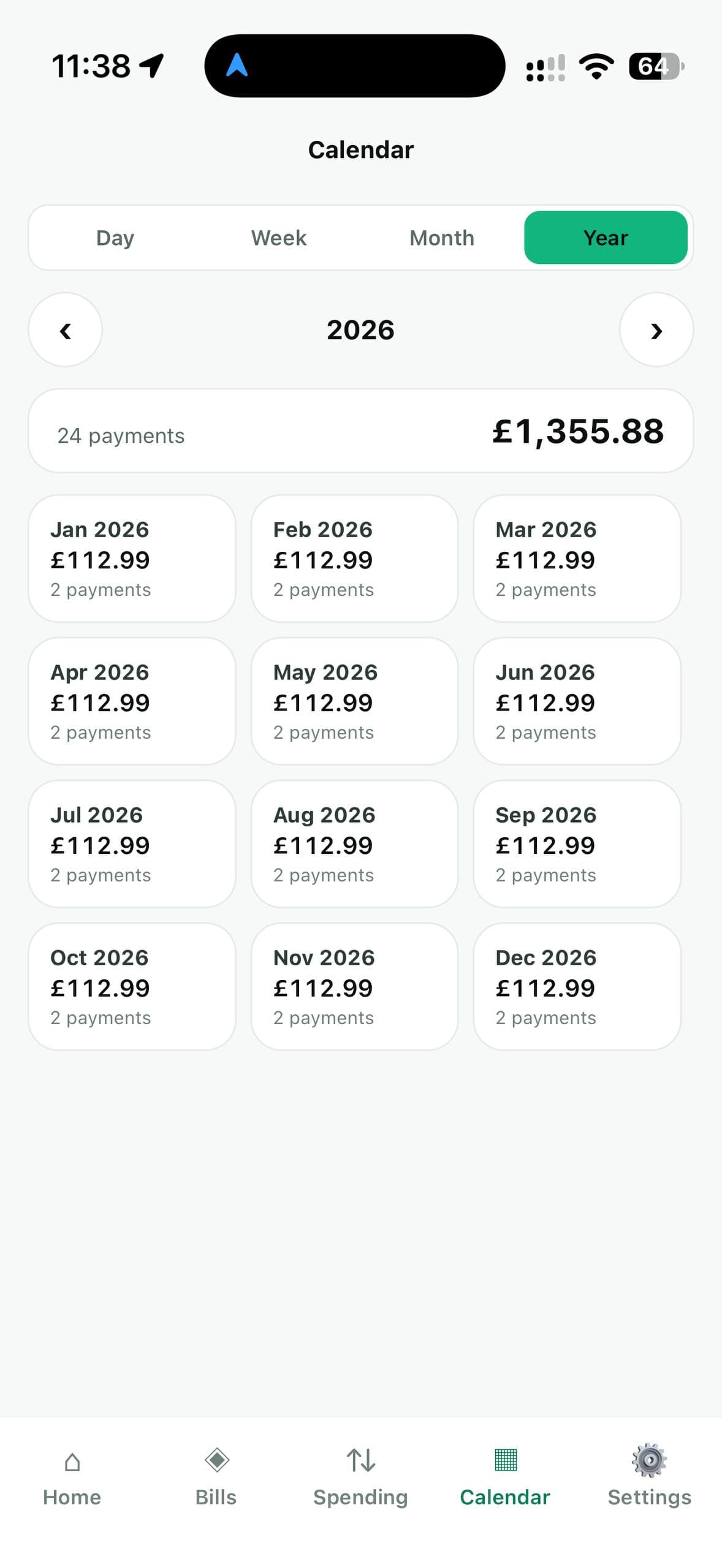 The Calendar in year view for 2026: twelve monthly totals of £112.99 each, adding up to 24 payments and £1,355.88 for the year.